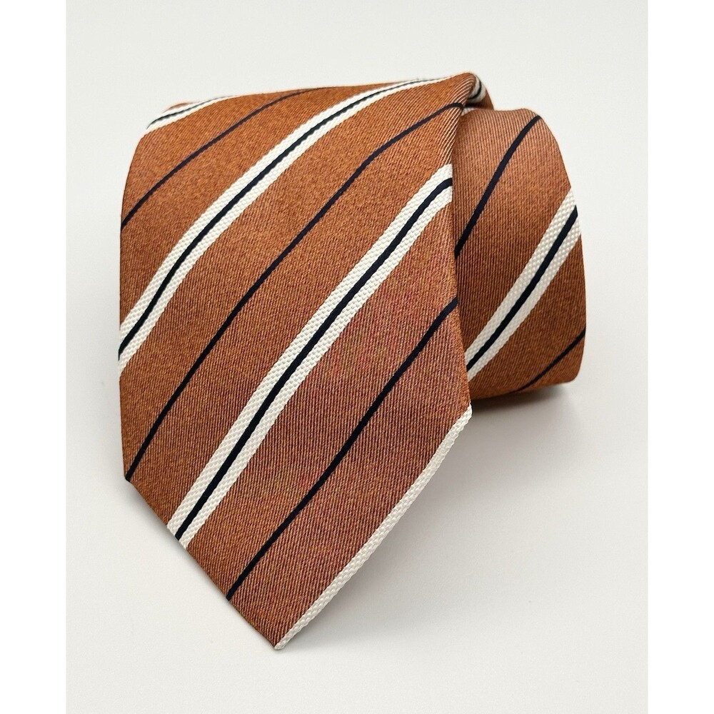 ISAIA Napoli 7 Fold Silk Tie Necktie Orange Navy White Striped Made In Italy